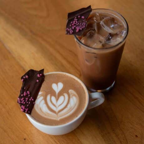 Latte and Iced latte at Frothy for Conversation Hearts Crawl